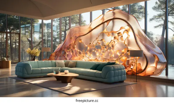 Futuristic living room interior with large curved glass window
