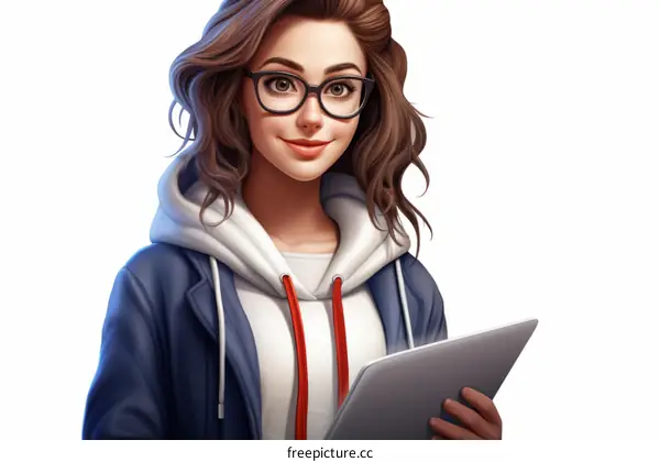 Illustration of a young woman wearing glasses and a blue sweater