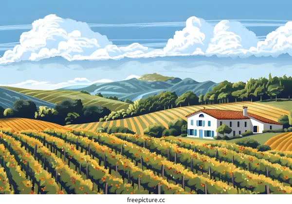Vineyard Landscape with Country House and Rolling Hills