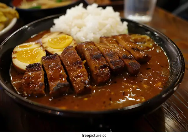 Japanese Curry Rice with Pork Cutlet and Soft Boiled Egg