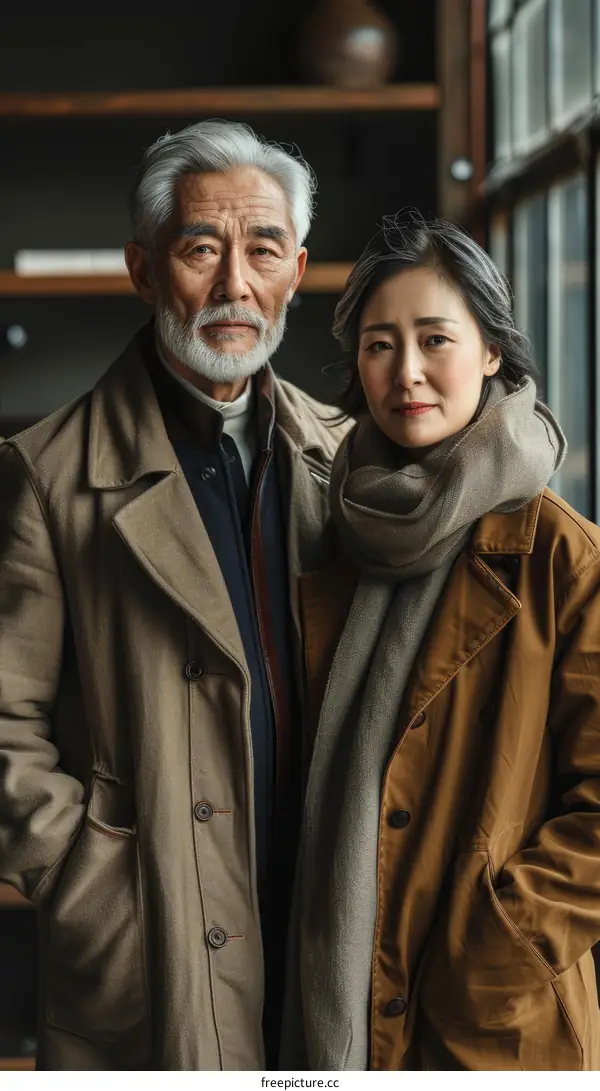 Asian elderly couple in brown coats