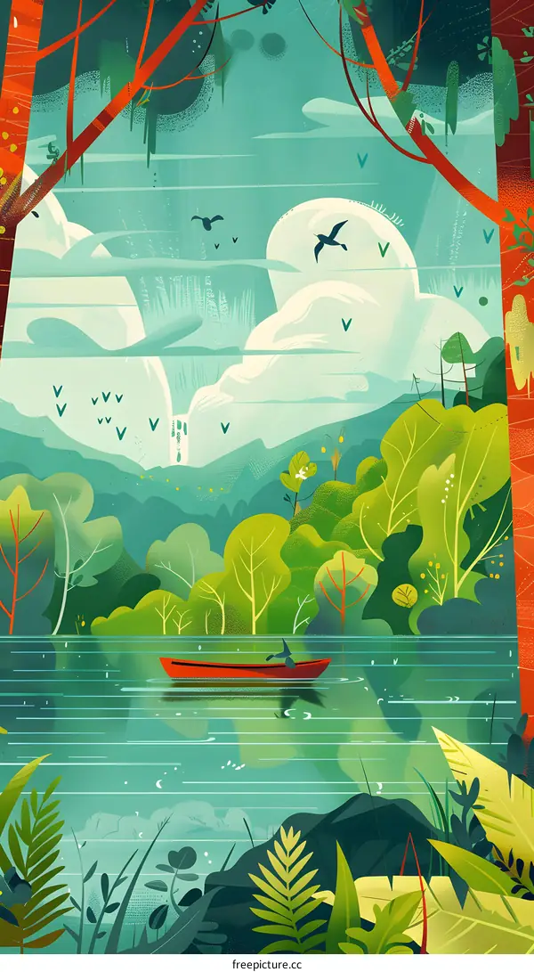 Peaceful Boat in a Green Forest Lake