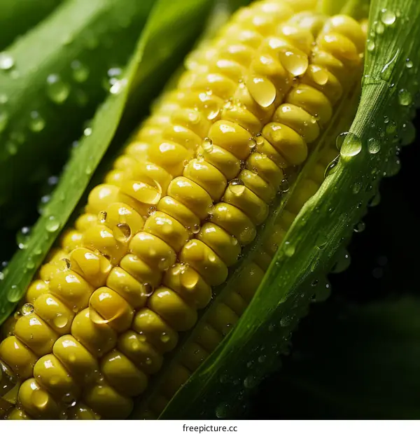 Close-Up Macro Photography of a Corn Cob with Water Droplets