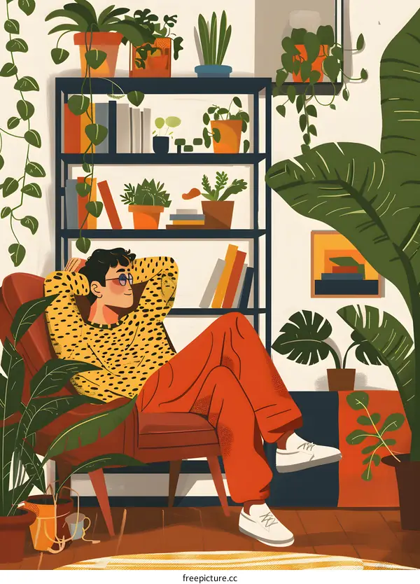 Man Relaxing in a Chair Surrounded by Plants in a Cozy Living Room
