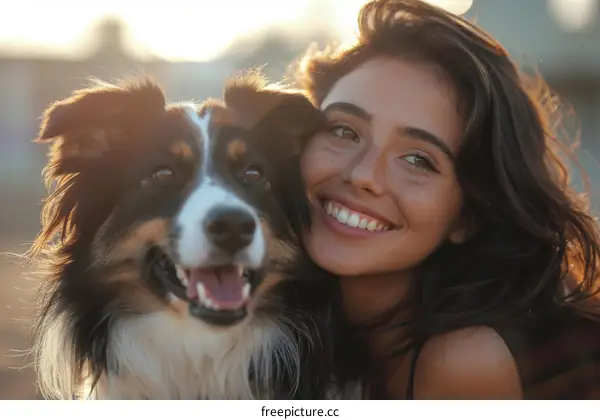 A smiling woman with freckles and her Border Collie dog