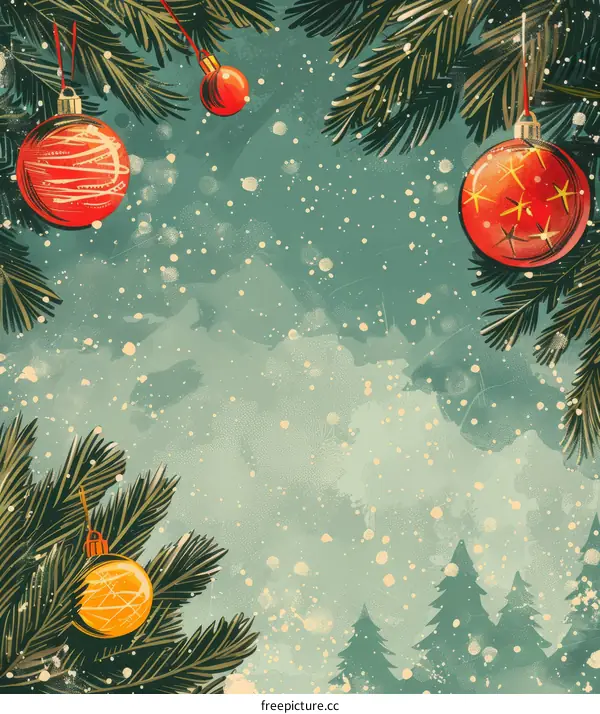 Retro Christmas background with hanging ornaments and falling snow