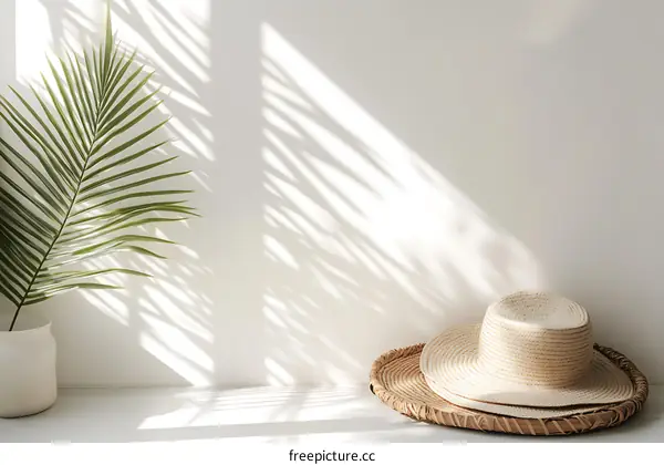 Minimalist White Wall With Palm Leaf and Straw Hat