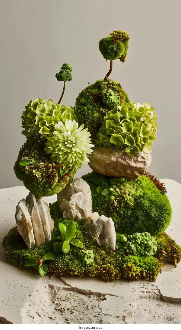 Green Mossy Miniature Landscape with Rocks and Plants