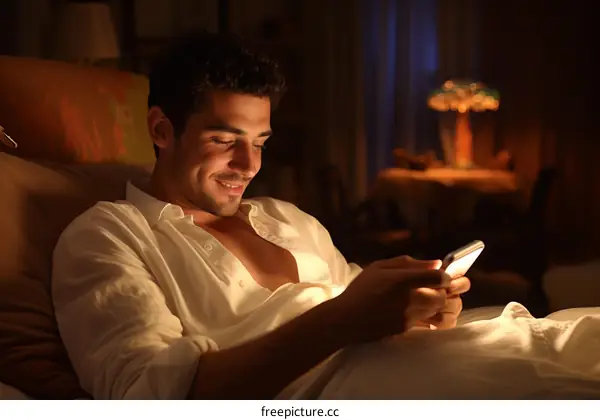 Man smiling while texting on his phone in bed