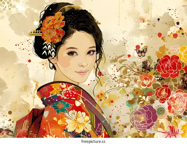 An illustration of a Japanese woman wearing a kimono with a floral pattern and a butterfly in her hair