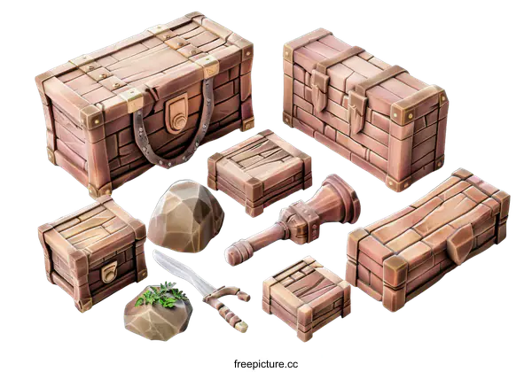 [Transparent Background PNG]A collection of 3D rendered fantasy treasure chests and items