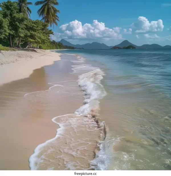 sandy beach with palm trees and view of green mountains