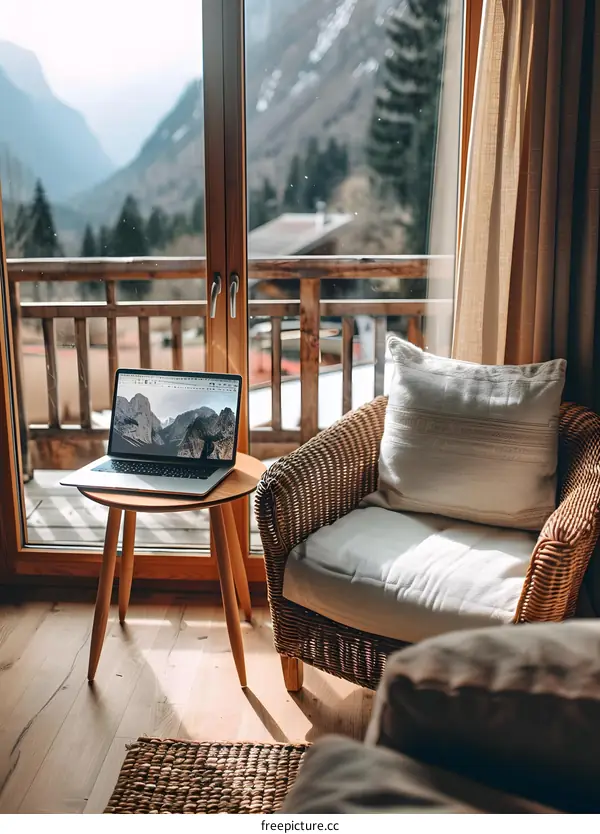 Laptop on a Wooden Table with a View of the Mountain