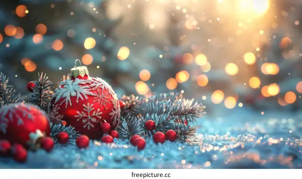 Red Christmas Ornament on Snow with Illuminated Tree
