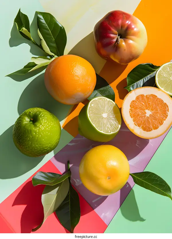 Colorful Fruit Still Life with Leaves on Colored Background