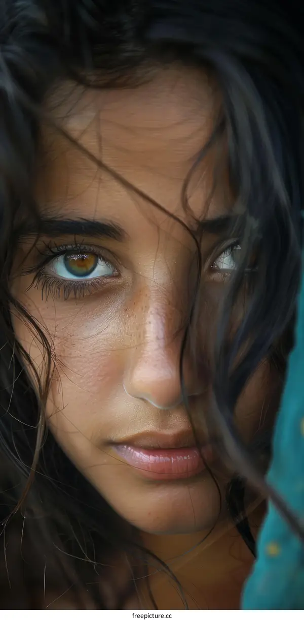 portrait of a young woman with green eyes and dark hair