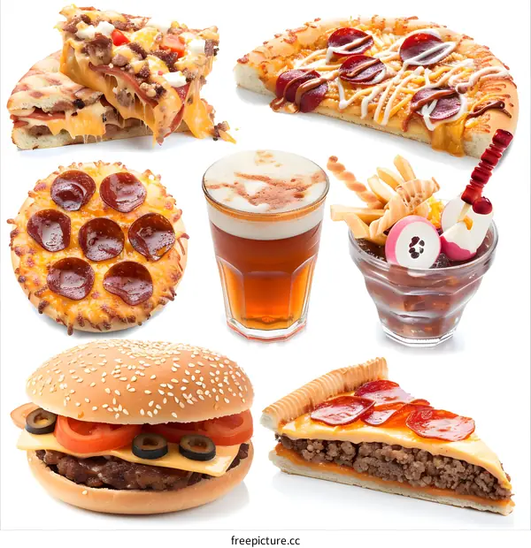 Fast Food Pizza Burger Beer and Fries on White Background