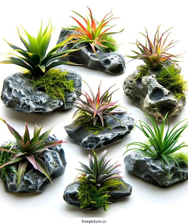 A variety of air plants on rocks