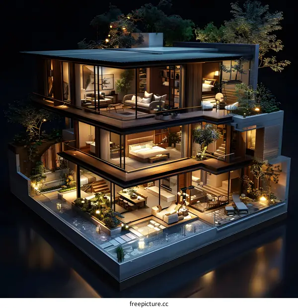 A cutaway view of a three-story luxury home