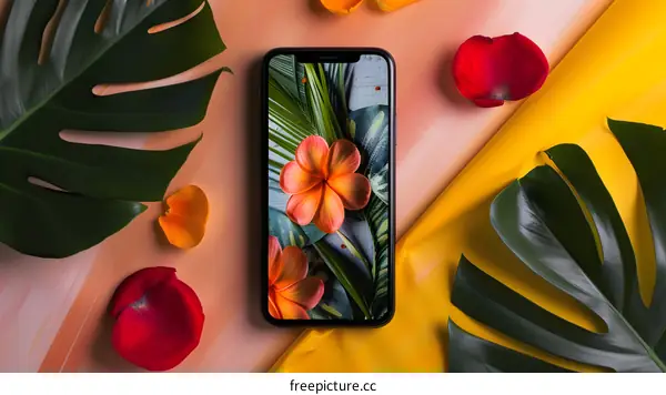 Tropical Phone Screen With Flowers And Leaves