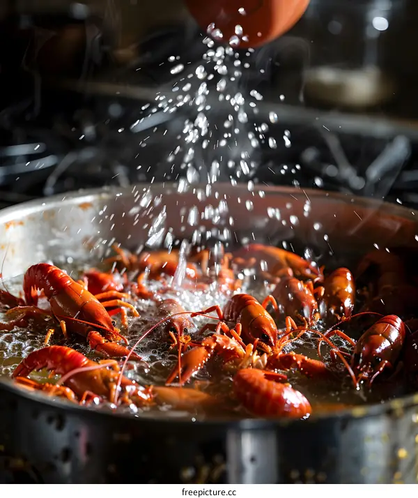 Cooking crayfish in a pan with water and spices
