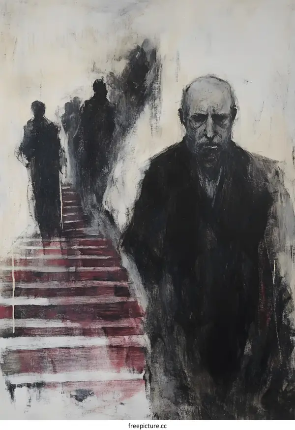 A Man Standing on Stairs with Shadows in the Background