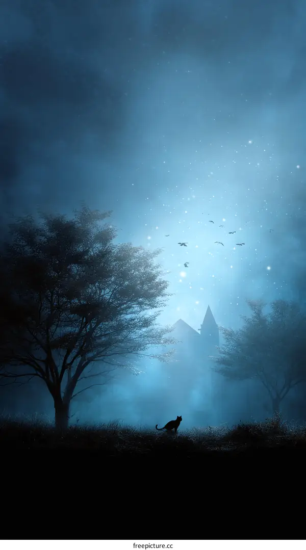 Mysterious Night Landscape with a Cat