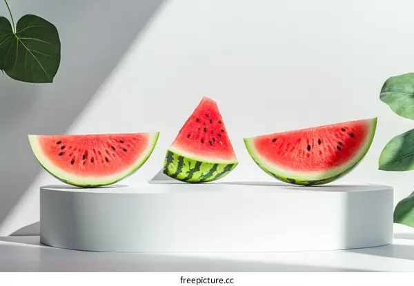 Fresh Watermelon Slices on a White Display