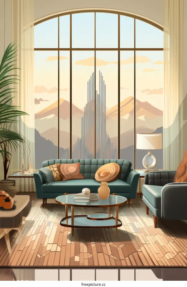 Bright Living Room Interior with Mountain Sunset View