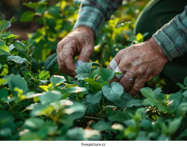 Close-up of unrecognizable senior farmer's hands checking the quality of the mint leaves in the garden