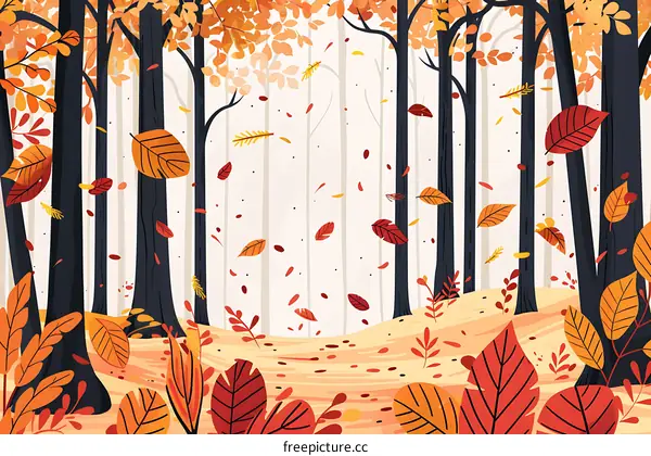 Autumn Forest Illustration with Falling Leaves