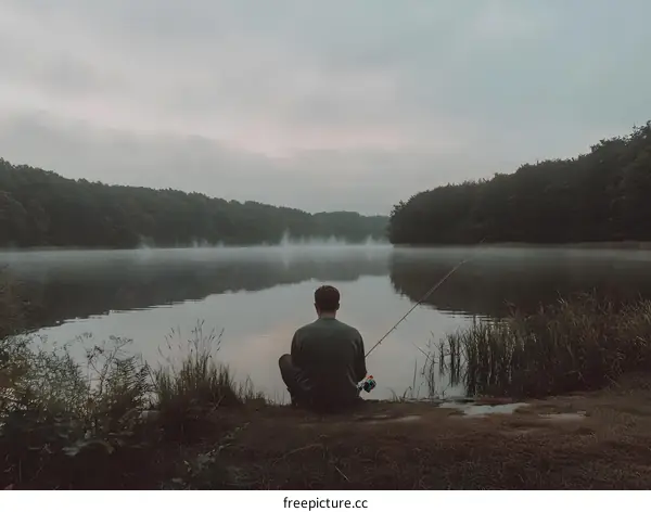 Man Fishing on a Foggy Lake at Dawn