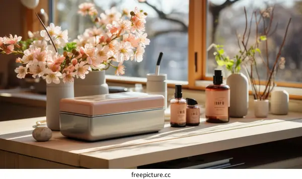 Sunlit Still Life with Vase of Flowers on Wooden Table