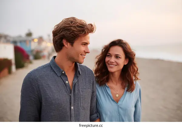 Couple Walking on Beachfront Pathway at Sunset