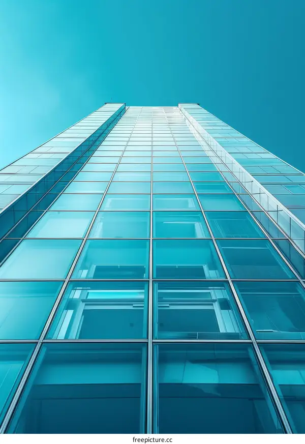 Blue glass skyscraper reaching towards the sky