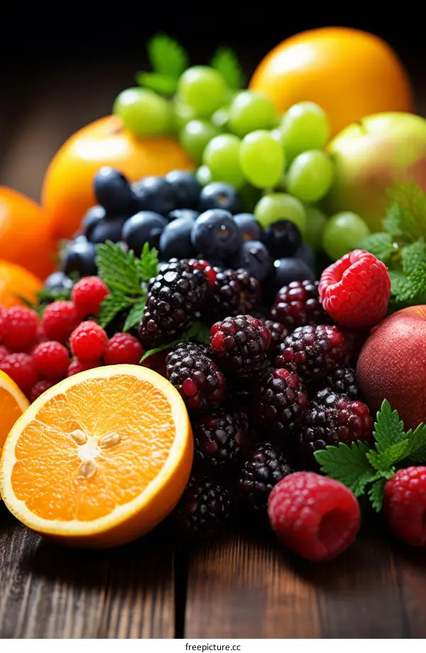 An assortment of fresh fruits including grapes, apples, oranges, blueberries, raspberries, and blackberries