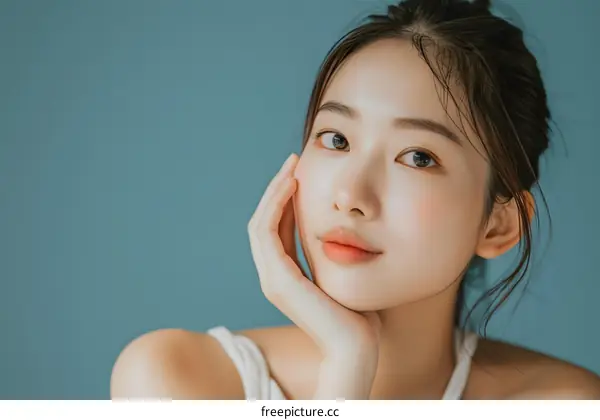 Beautiful Asian Woman with Soft Skin and Natural Makeup Posing in Front of a Blue Background