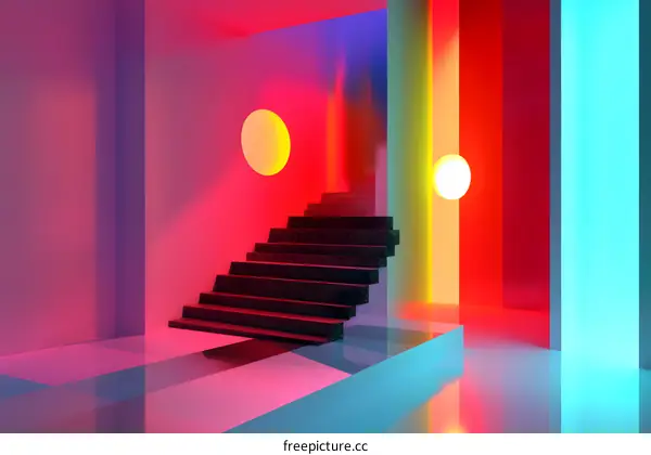 Abstract Neon Staircase in Colorful Room