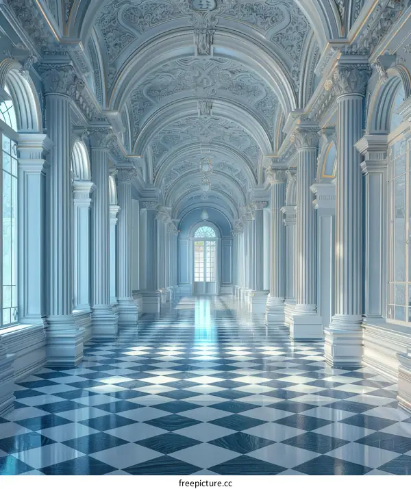Ornate Hallway with Blue and White Checkered Floor