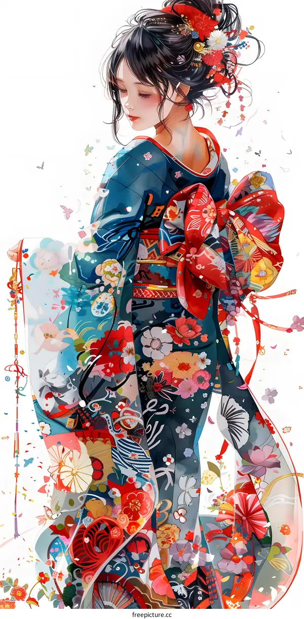 A woman wearing a kimono with a floral pattern