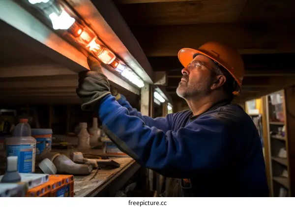 Male construction worker installing fluorescent lights