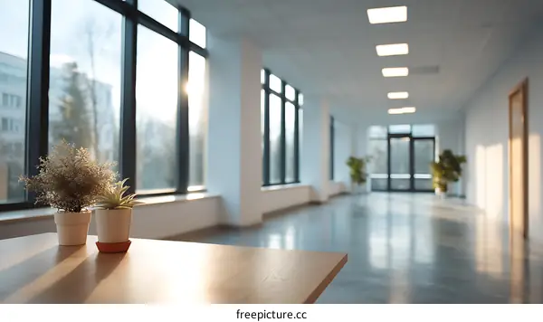 Modern Empty Office Corridor with Sunlight and Plants