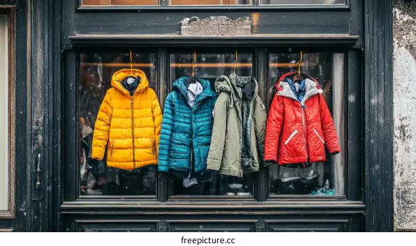 Colorful Winter Jackets Displayed in Shop Window