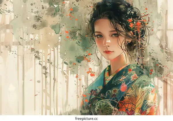 An illustration of a beautiful Japanese woman in a kimono with red and white flowers in her hair.
