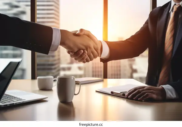 Businessmen shaking hands over a desk in an office with a laptop and coffee cups on the table