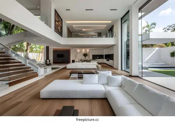 Modern Minimalist Living Room Interior Design with White Sofa and Wooden Floor