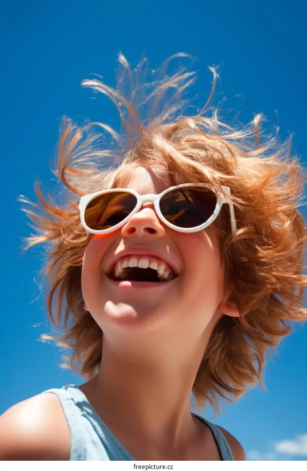 Laughing redheaded child with sunglasses