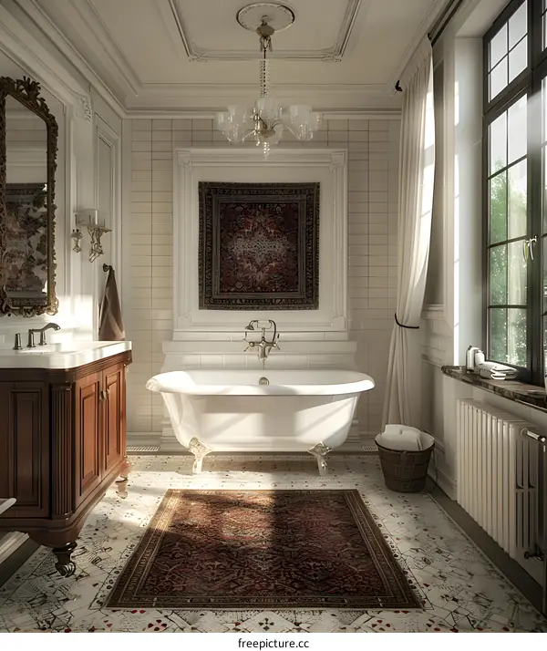 Bathroom interior with freestanding bathtub, patterned tiles, and oriental rug