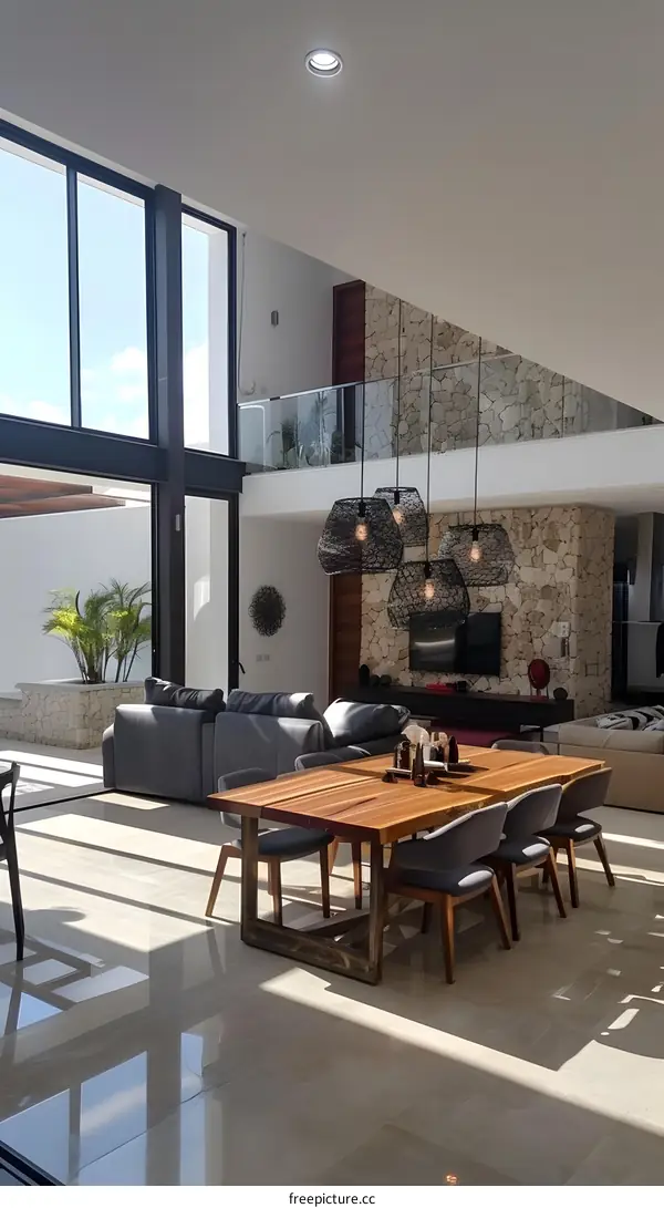 Modern Home Interior Design with Wooden Dining Table and Chandelier