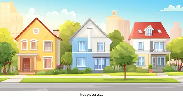 Cartoon Illustration of Three Houses with Green Trees and a Blue Sky